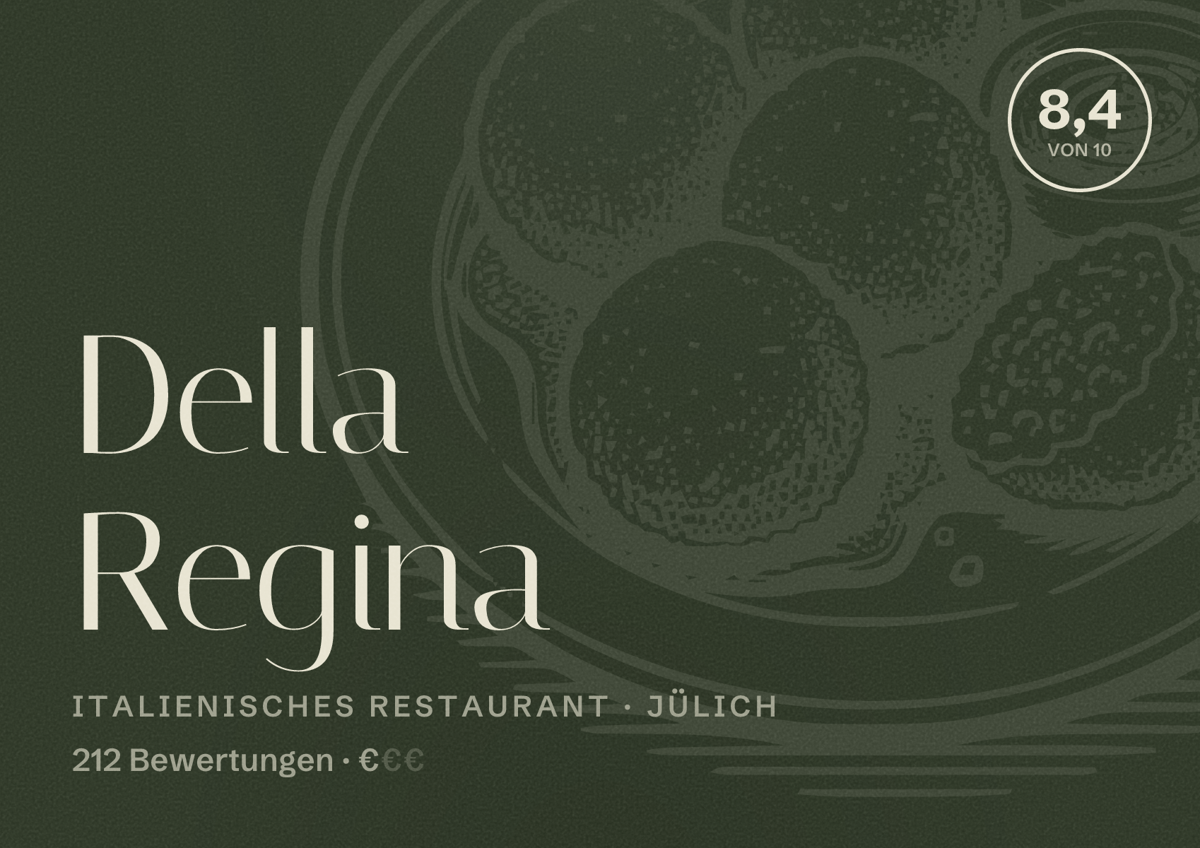 Illustriertes Poster von Della Regina, Italienisches Restaurant in Jülich: Bewertung 8,4 von 10 aus 212 Bewertungen, Preisniveau €