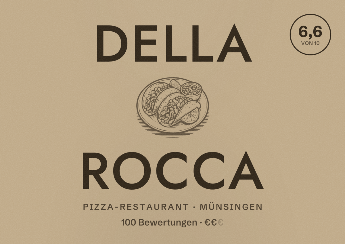 Illustriertes Poster von Della Rocca, Pizza-Restaurant in Münsingen: Bewertung 6,6 von 10 aus 100 Bewertungen, Preisniveau €€