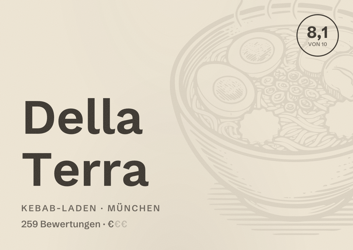 Illustriertes Poster von Della Terra, Kebab-Laden in München: Bewertung 8,1 von 10 aus 259 Bewertungen, Preisniveau €