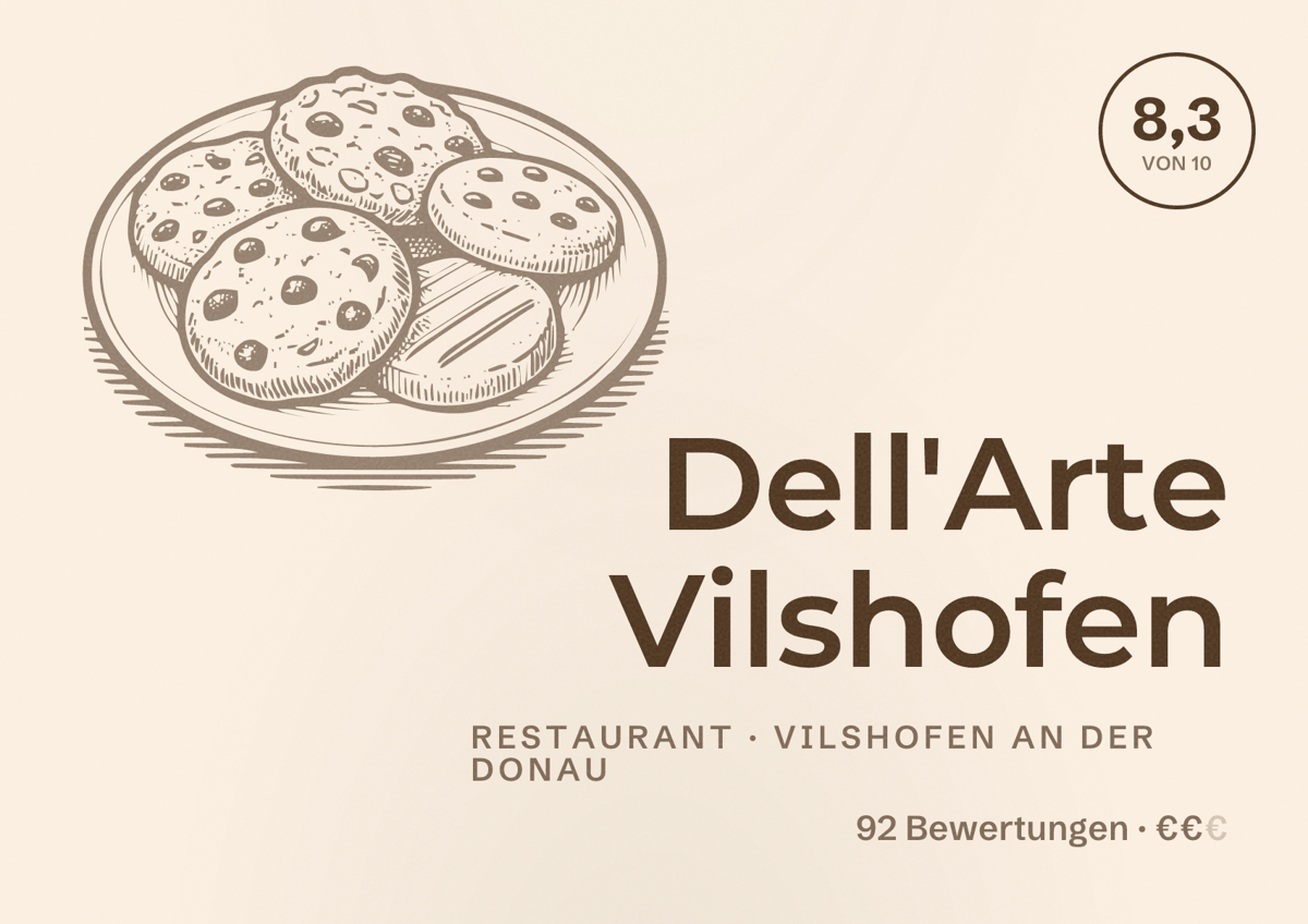 Illustriertes Poster von Dell'Arte Vilshofen, Restaurant in Vilshofen an der Donau: Bewertung 8,3 von 10 aus 92 Bewertungen, Preisniveau €€