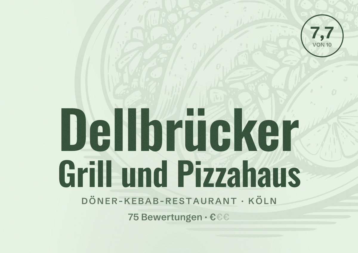Illustriertes Poster von Dellbrücker Grill und Pizzahaus, Döner-Kebab-Restaurant in Köln: Bewertung 7,7 von 10 aus 75 Bewertungen, Preisniveau €