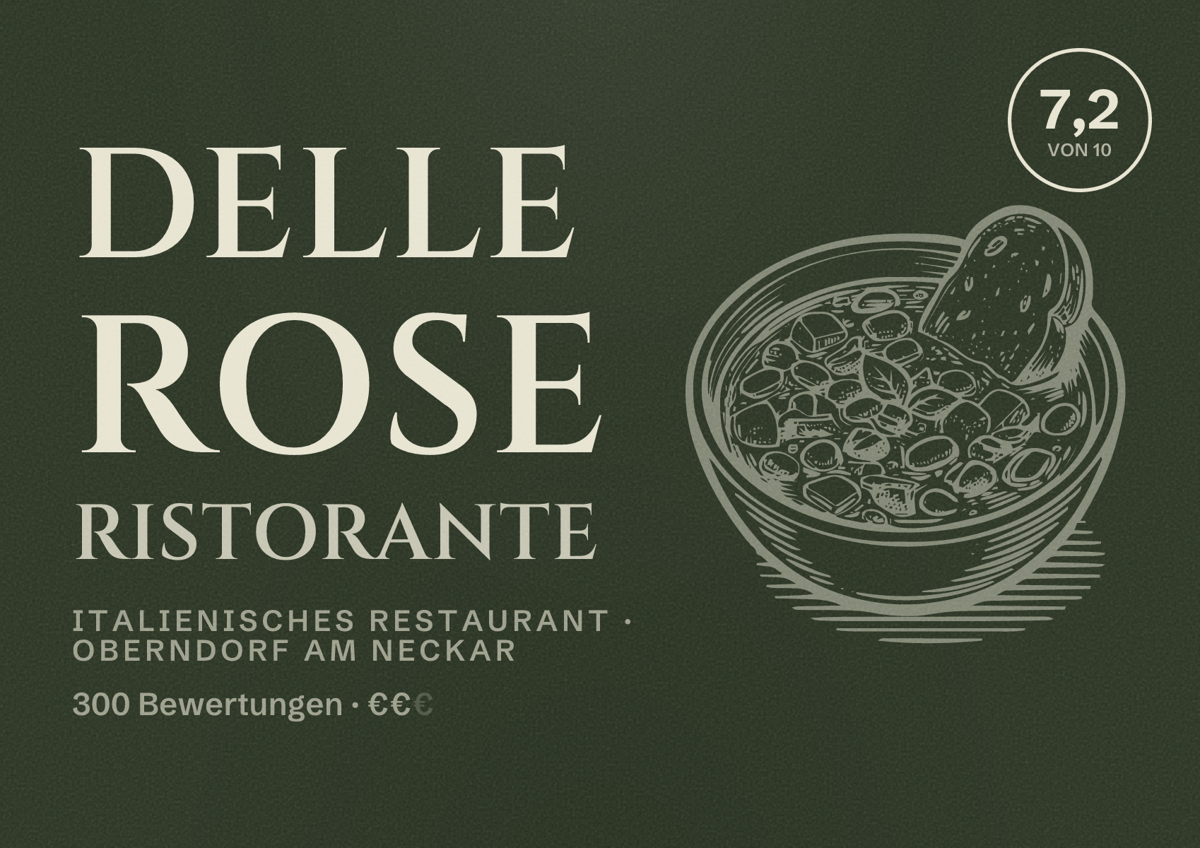 Illustriertes Poster von Delle Rose Ristorante, Italienisches Restaurant in Oberndorf am Neckar: Bewertung 7,2 von 10 aus 300 Bewertungen, Preisniveau €€