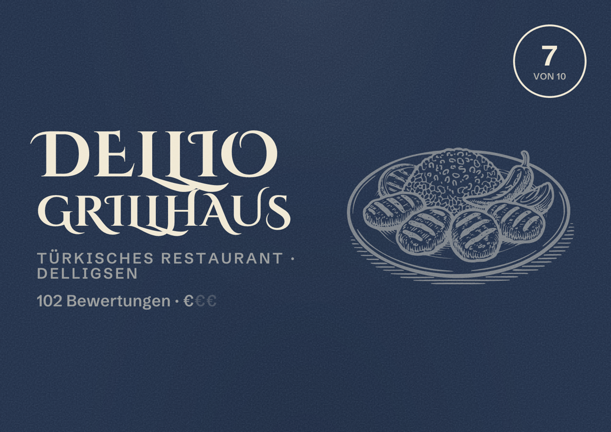 Illustriertes Poster von Dellio Grillhaus, Türkisches Restaurant in Delligsen: Bewertung 7 von 10 aus 102 Bewertungen, Preisniveau €