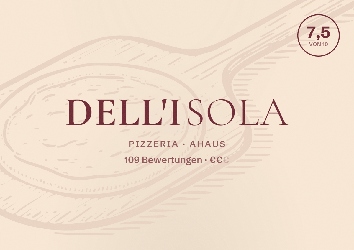 Illustriertes Poster von DELL'ISOLA, Pizzeria in Ahaus: Bewertung 7,5 von 10 aus 109 Bewertungen, Preisniveau €€