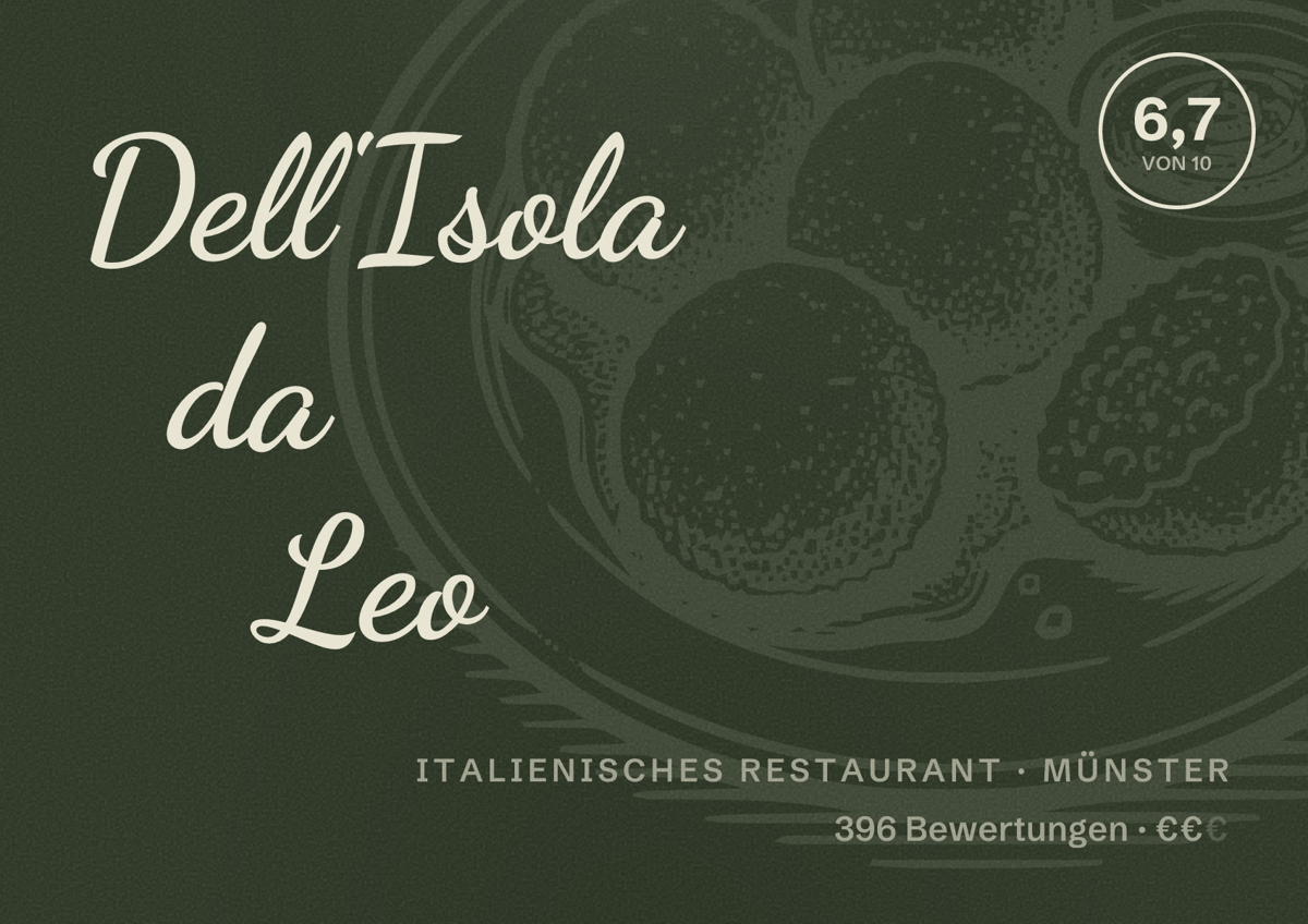 Illustriertes Poster von Dell'Isola da Leo, Italienisches Restaurant in Münster: Gästebewertung 6,7 von 10 aus 396 Bewertungen