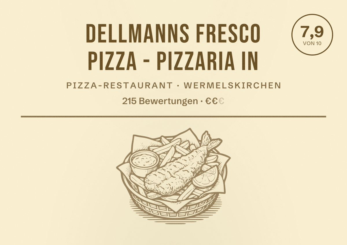 Illustriertes Poster von Dellmanns Fresco Pizza - Pizzaria in, Pizza-Restaurant in Wermelskirchen: Bewertung 7,9 von 10 aus 215 Bewertungen, Preisniveau €€