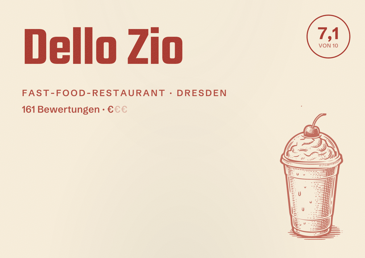 Illustriertes Poster von Dello Zio, Fast-Food-Restaurant in Dresden: Bewertung 7,1 von 10 aus 161 Bewertungen, Preisniveau €