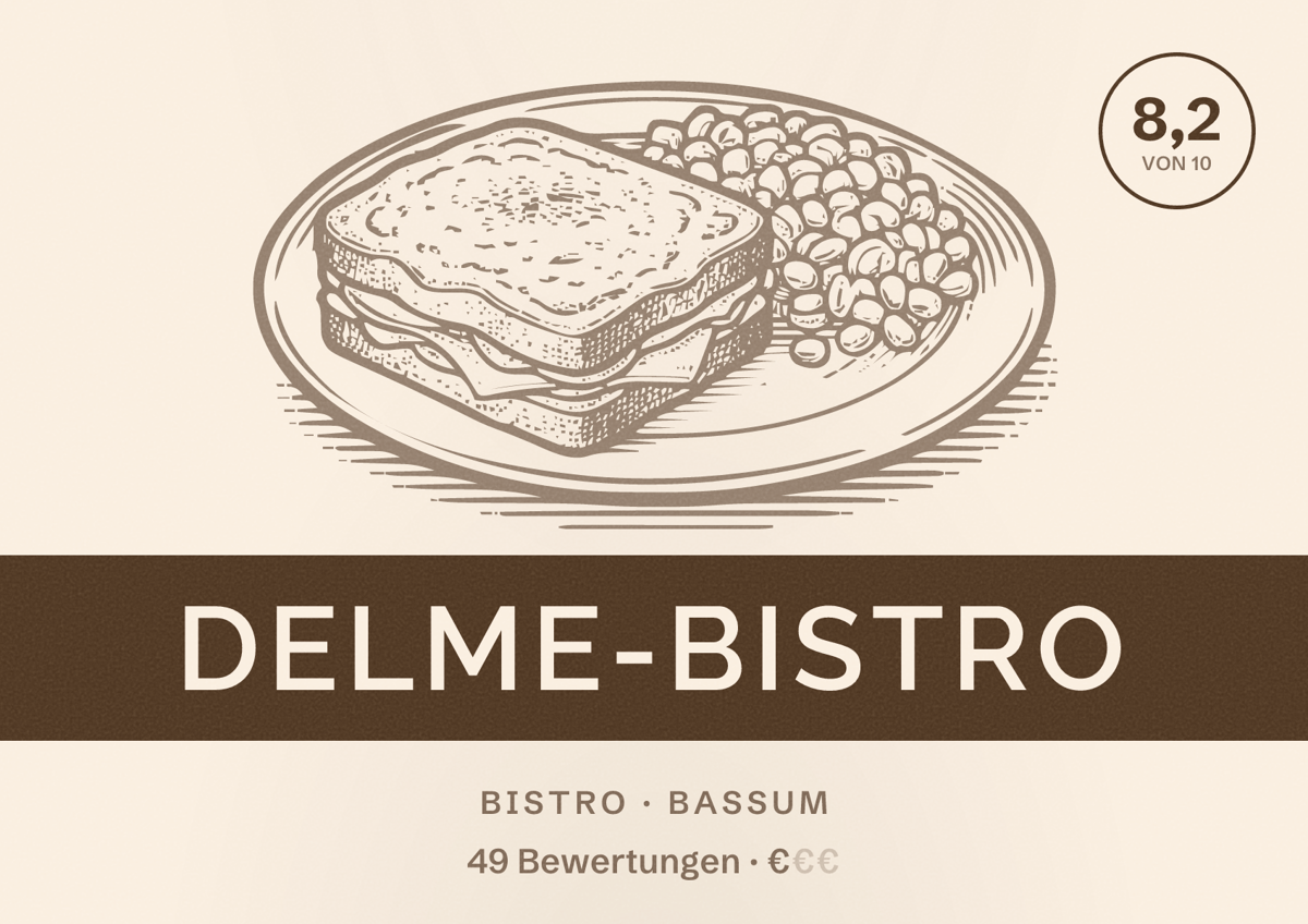 Illustriertes Poster von DELME-BISTRO, Bistro in Bassum: Bewertung 8,2 von 10 aus 49 Bewertungen, Preisniveau €