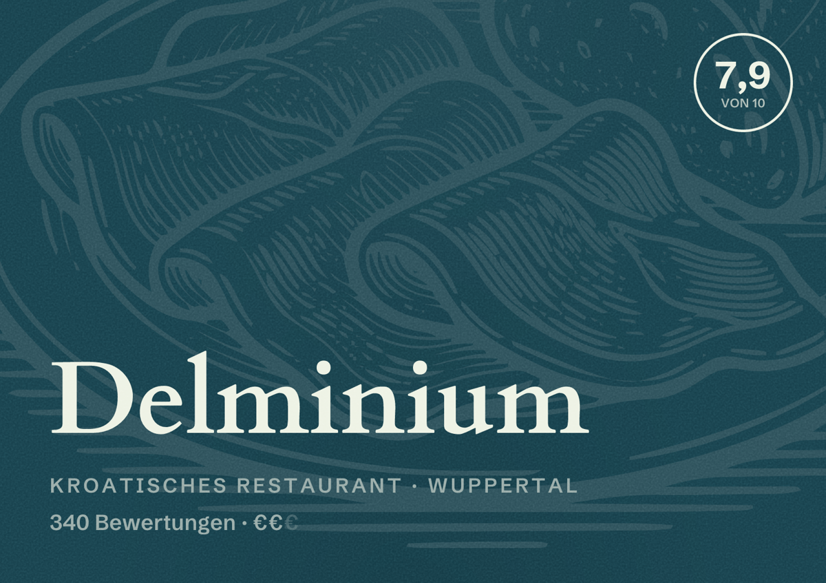 Illustriertes Poster von Delminium, Kroatisches Restaurant in Wuppertal: Bewertung 7,9 von 10 aus 340 Bewertungen, Preisniveau €€