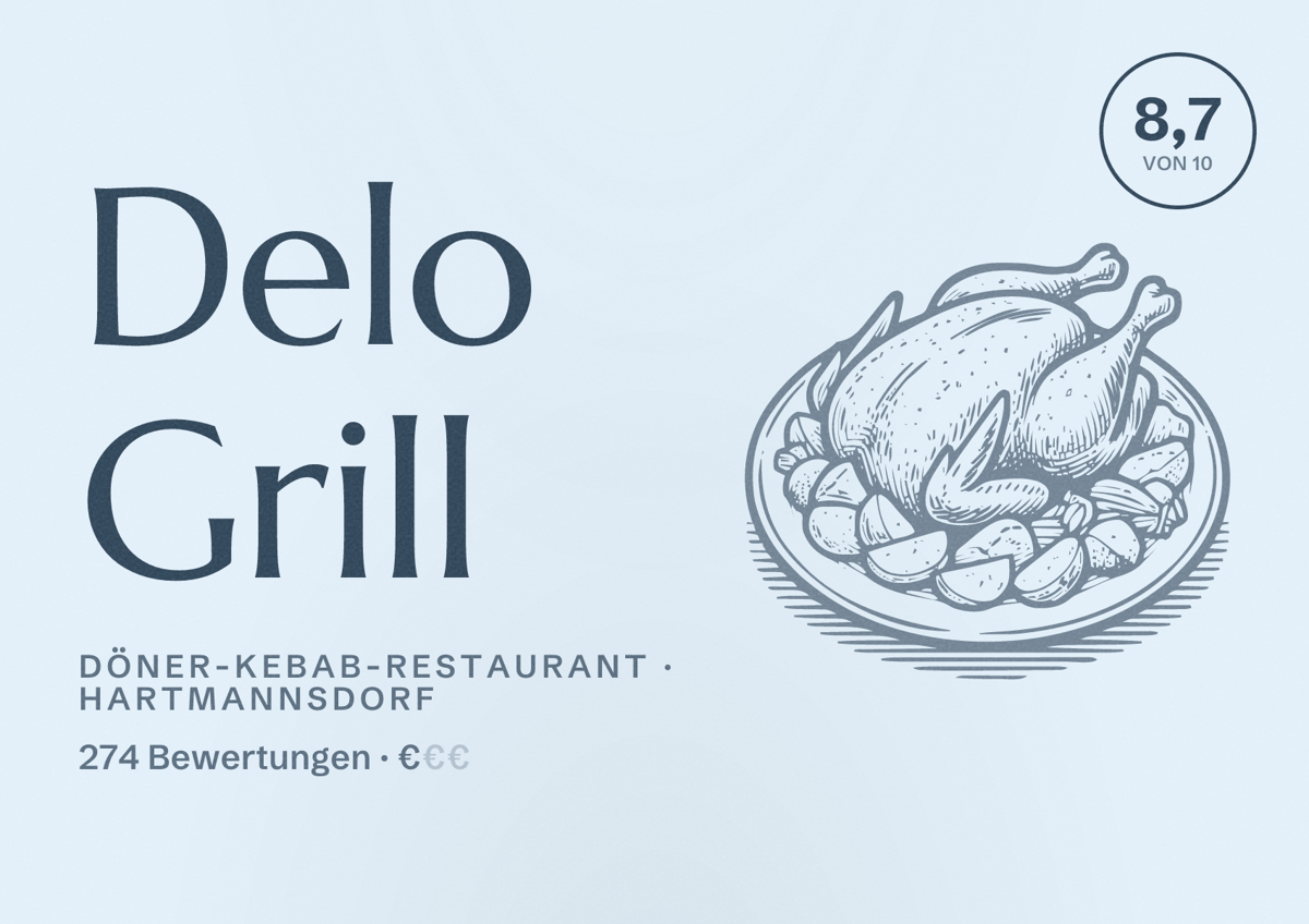 Illustriertes Poster von Delo Grill, Döner-Kebab-Restaurant in Hartmannsdorf: Bewertung 8,7 von 10 aus 274 Bewertungen, Preisniveau €