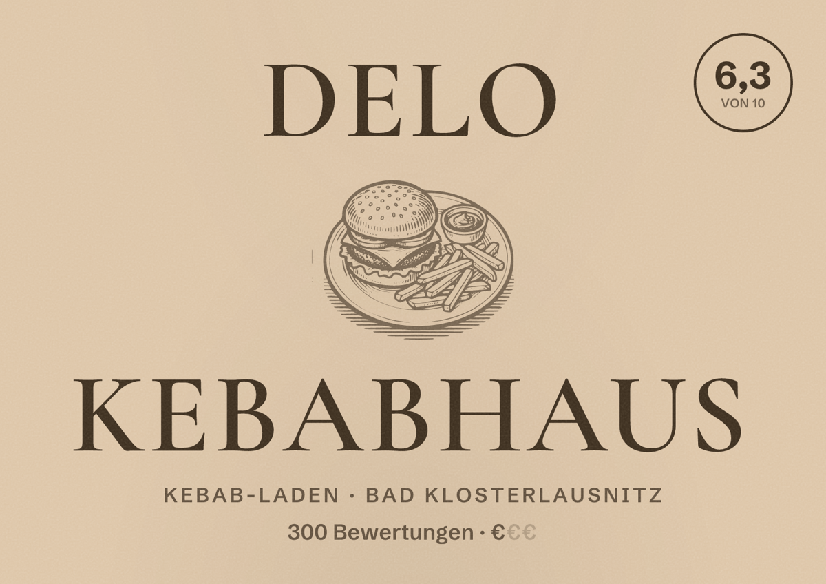 Illustriertes Poster von Delo Kebabhaus, Kebab-Laden in Bad Klosterlausnitz: Bewertung 6,3 von 10 aus 300 Bewertungen, Preisniveau €