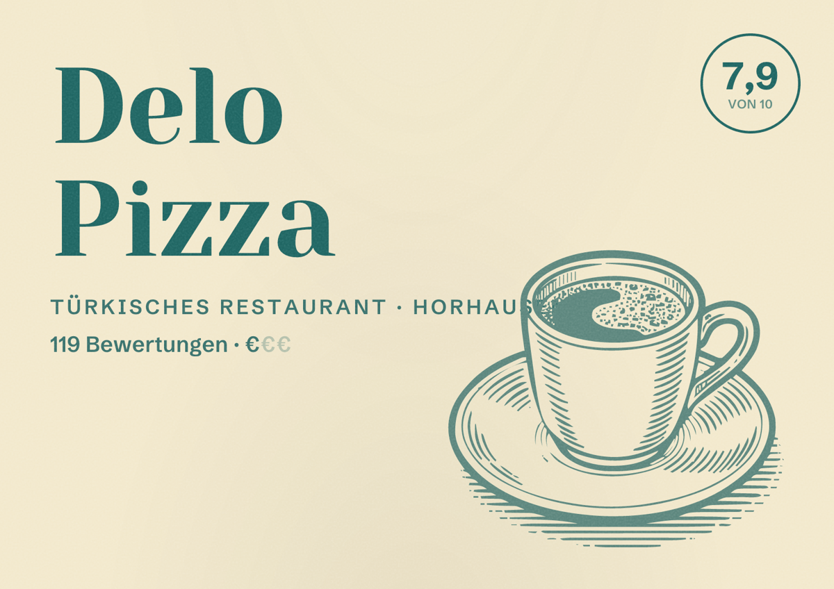 Illustriertes Poster von Delo Pizza, Türkisches Restaurant in Horhausen: Bewertung 7,9 von 10 aus 119 Bewertungen, Preisniveau €