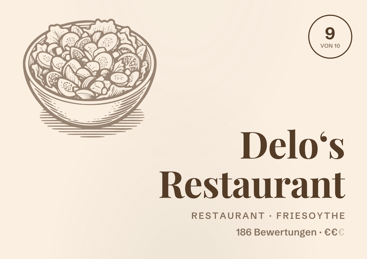 Illustriertes Poster von Delo‘s Restaurant, Restaurant in Friesoythe: Bewertung 9 von 10 aus 186 Bewertungen, Preisniveau €€