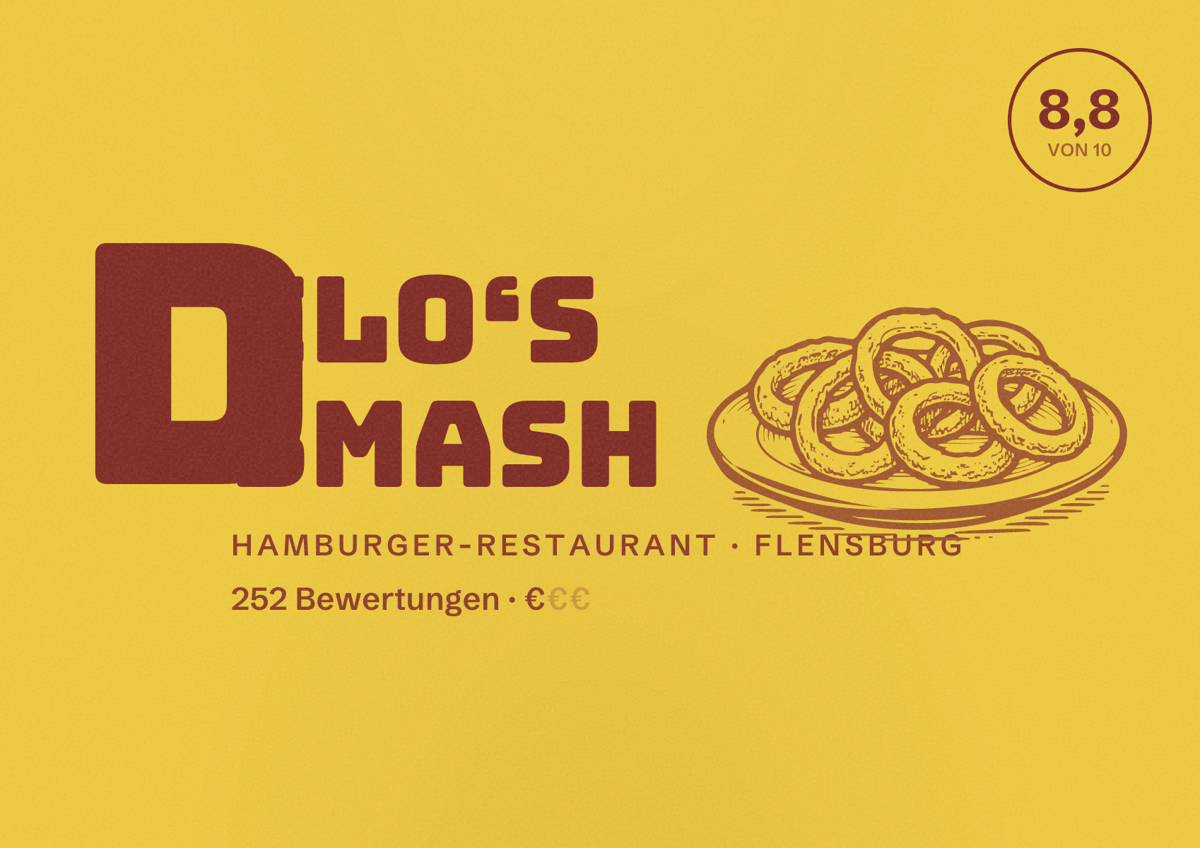Illustriertes Poster von Delo‘s Smash, Hamburger-Restaurant in Flensburg: Bewertung 8,8 von 10 aus 252 Bewertungen, Preisniveau €
