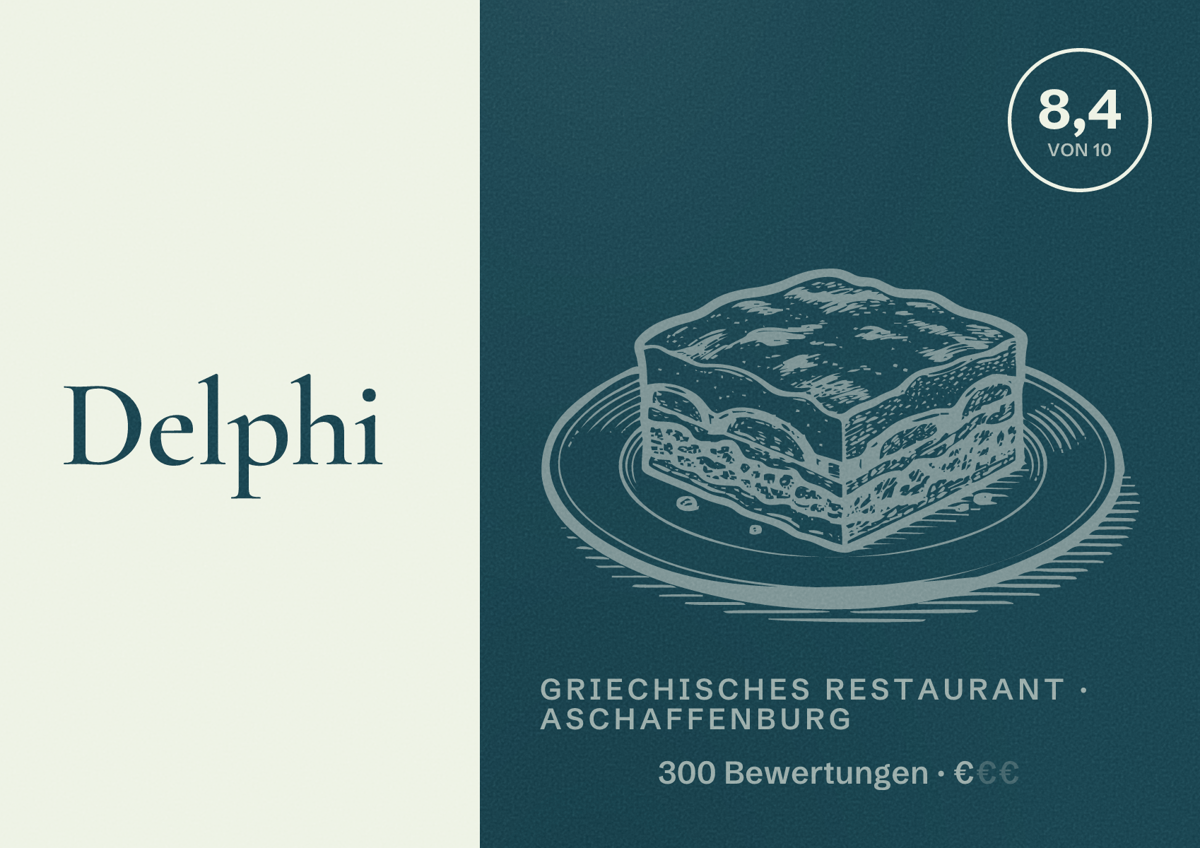 Illustriertes Poster von Delphi, Griechisches Restaurant in Aschaffenburg: Bewertung 8,4 von 10 aus 300 Bewertungen, Preisniveau €
