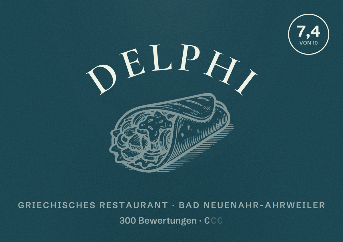 Illustriertes Poster von Delphi, Griechisches Restaurant in Bad Neuenahr-Ahrweiler: Bewertung 7,4 von 10 aus 300 Bewertungen, Preisniveau €
