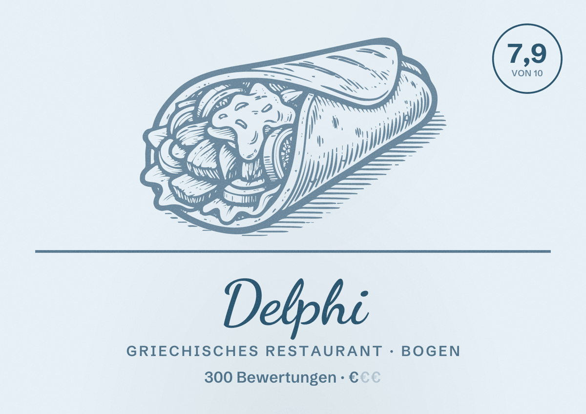 Illustriertes Poster von Delphi, Griechisches Restaurant in Bogen: Bewertung 7,9 von 10 aus 300 Bewertungen, Preisniveau €