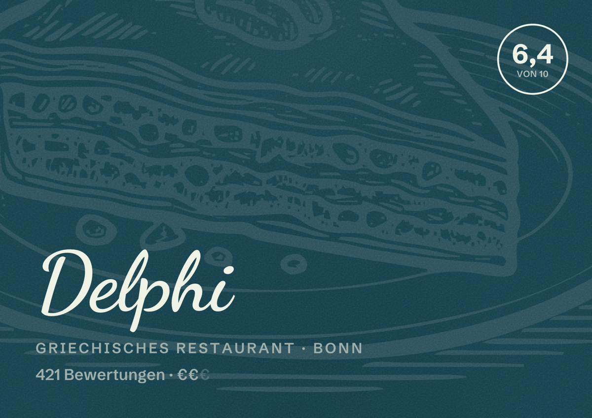 Illustriertes Poster von Delphi, Griechisches Restaurant in Bonn: Bewertung 6,4 von 10 aus 421 Bewertungen, Preisniveau €€