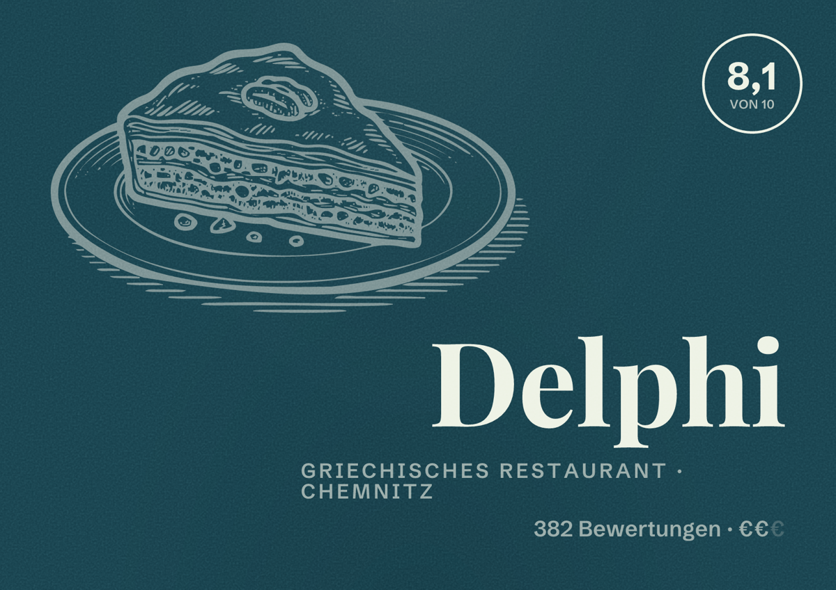 Illustriertes Poster von Delphi, Griechisches Restaurant in Chemnitz: Bewertung 8,1 von 10 aus 382 Bewertungen, Preisniveau €€