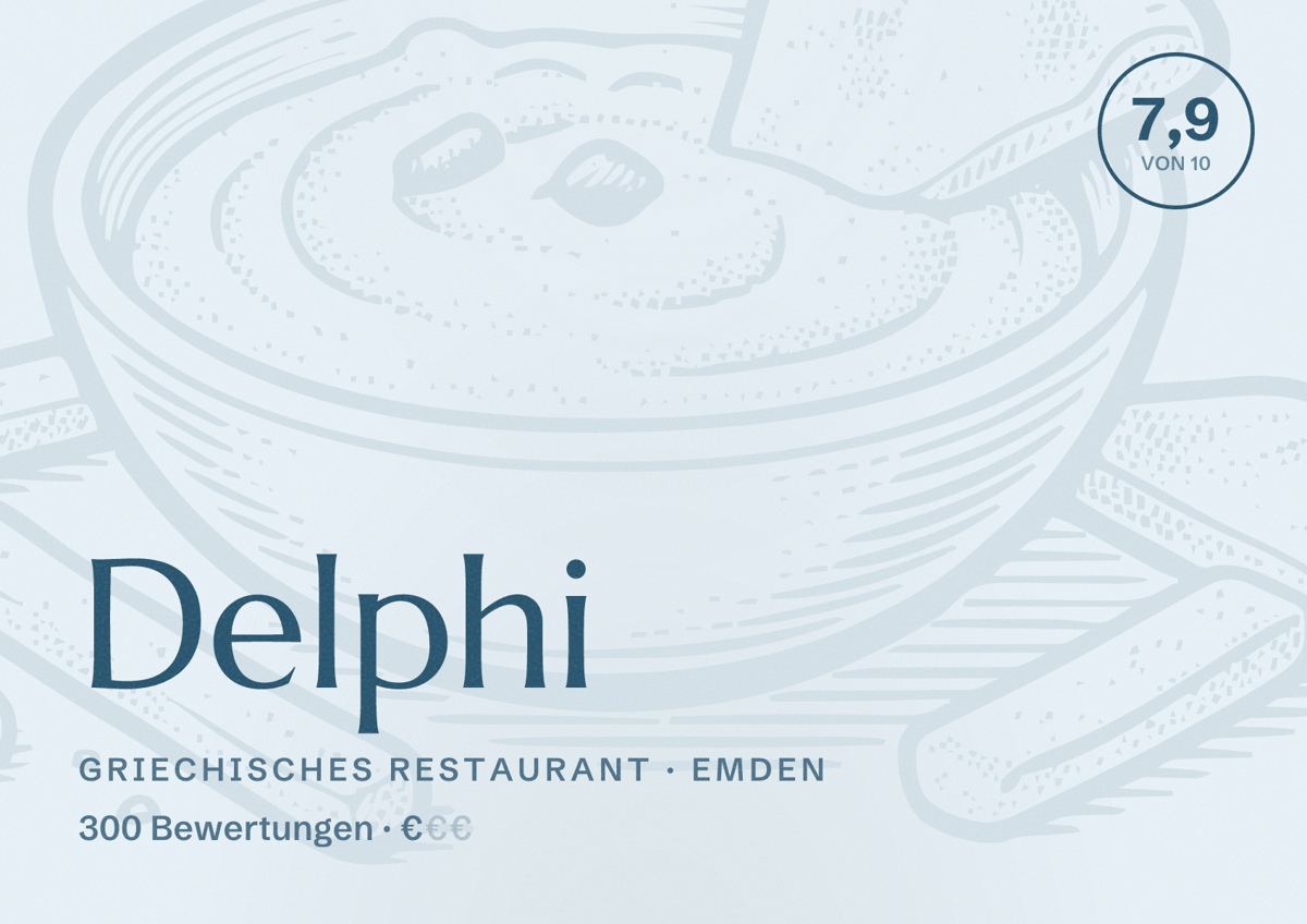 Illustriertes Poster von Delphi, Griechisches Restaurant in Emden: Bewertung 7,9 von 10 aus 300 Bewertungen, Preisniveau €