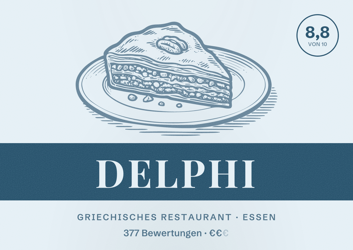 Illustriertes Poster von Delphi, Griechisches Restaurant in Essen: Bewertung 8,8 von 10 aus 377 Bewertungen, Preisniveau €€
