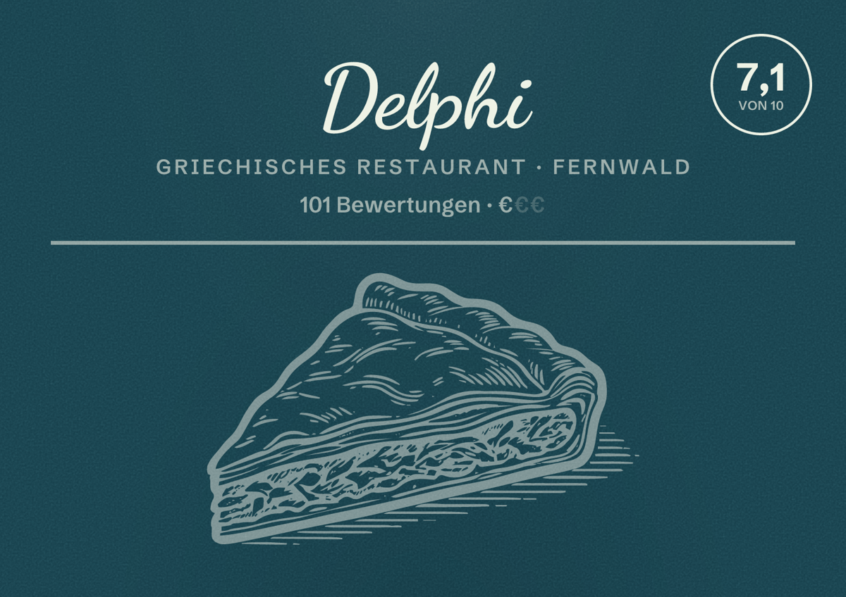 Illustriertes Poster von Delphi, Griechisches Restaurant in Fernwald: Bewertung 7,1 von 10 aus 101 Bewertungen, Preisniveau €