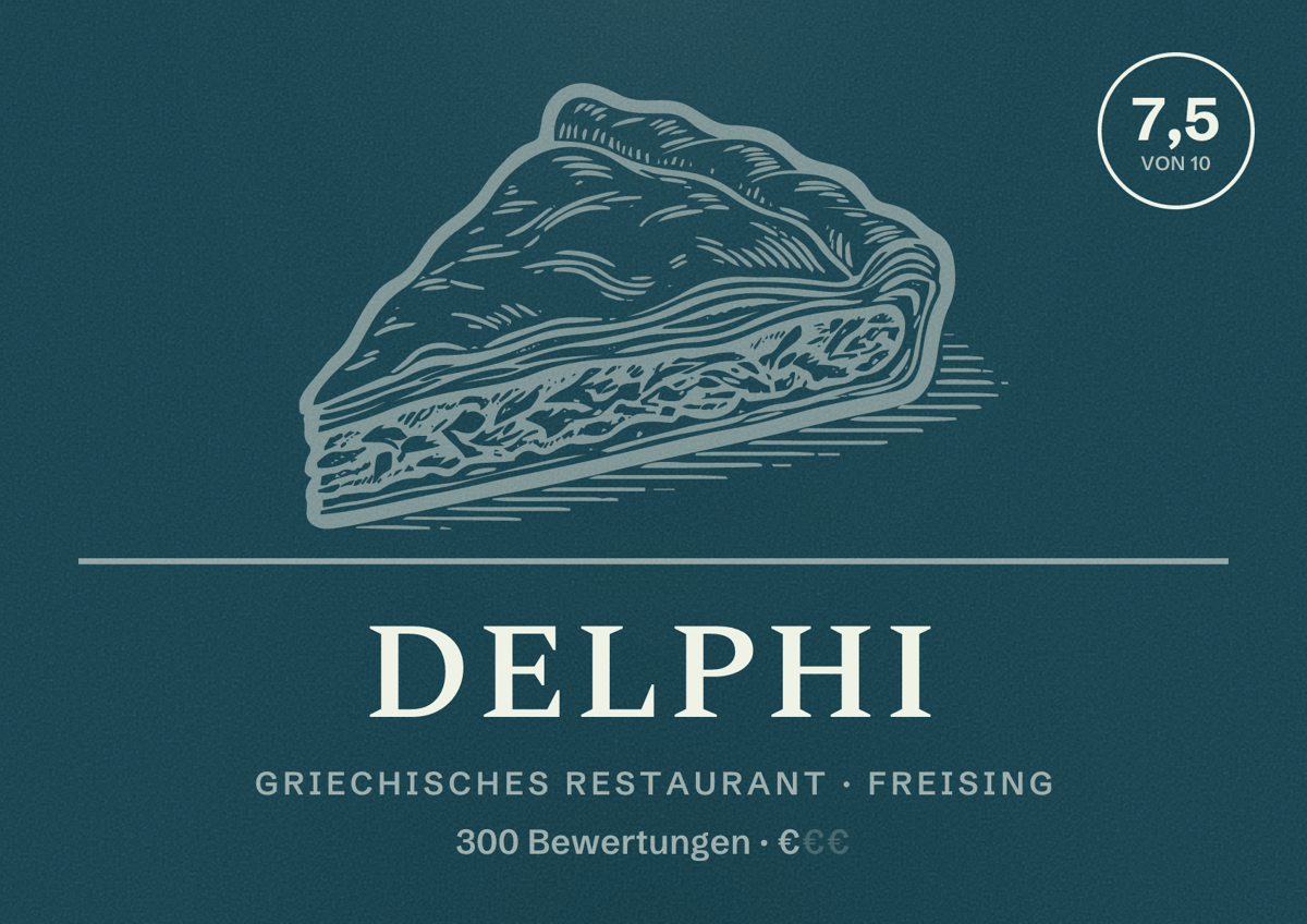 Illustriertes Poster von Delphi, Griechisches Restaurant in Freising: Bewertung 7,5 von 10 aus 300 Bewertungen, Preisniveau €