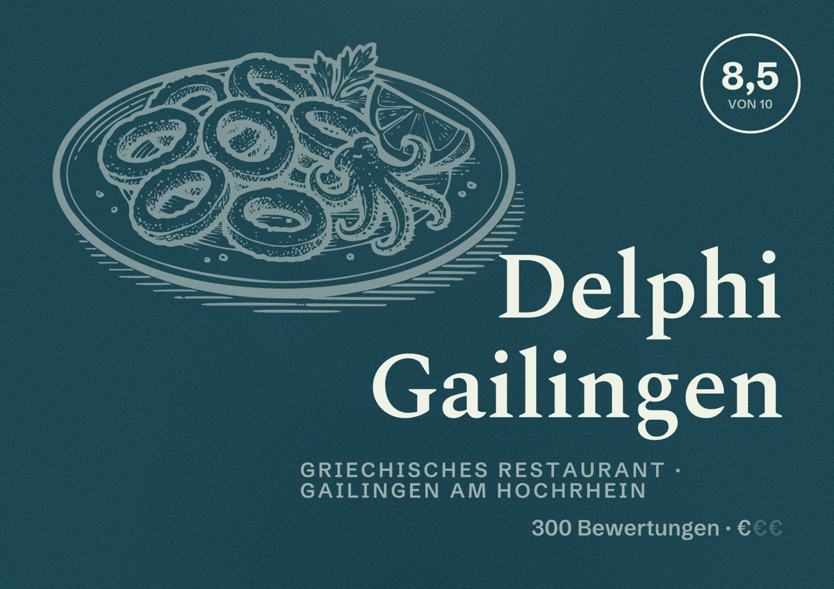 Illustriertes Poster von Delphi Gailingen, Griechisches Restaurant in Gailingen am Hochrhein: Bewertung 8,5 von 10 aus 300 Bewertungen, Preisniveau €