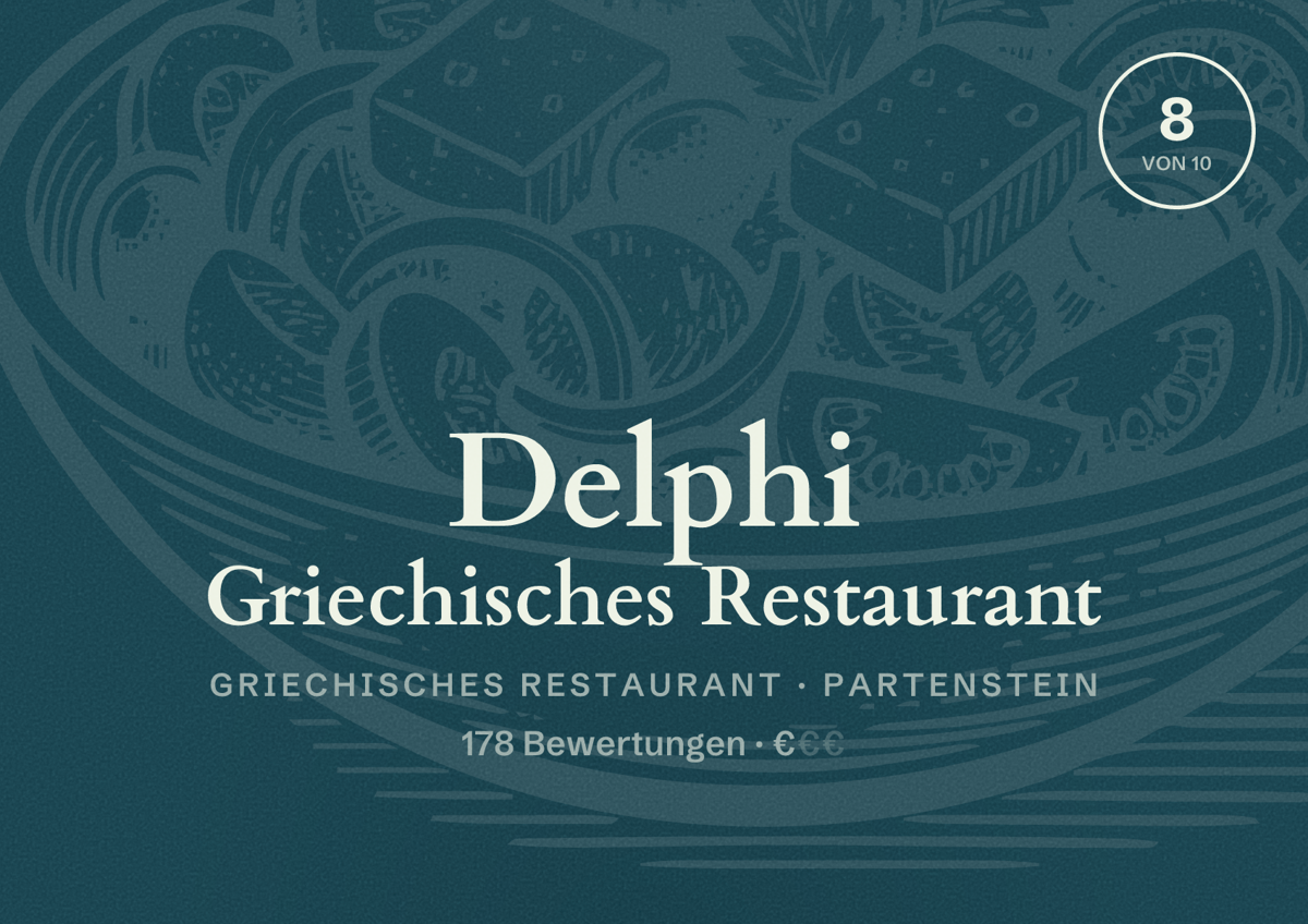 Illustriertes Poster von Delphi Griechisches Restaurant, Griechisches Restaurant in Partenstein: Bewertung 8 von 10 aus 178 Bewertungen, Preisniveau €