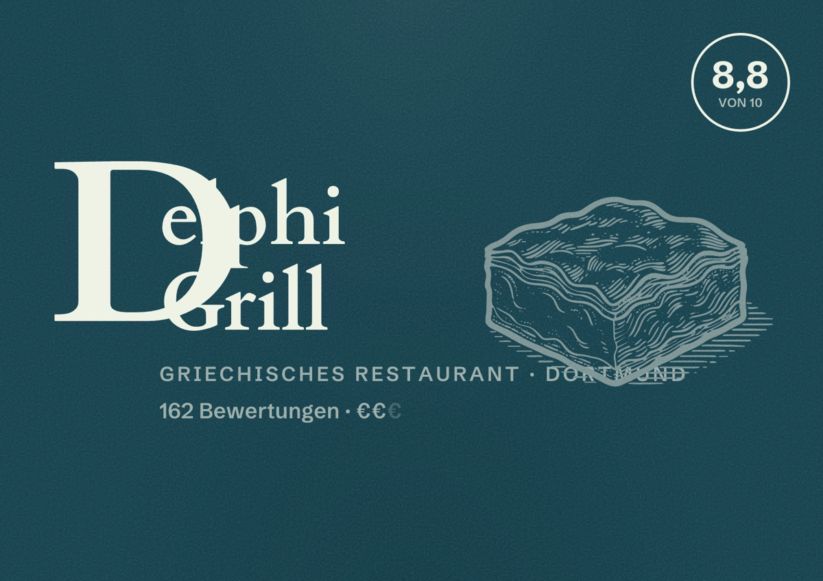 Illustriertes Poster von Delphi Grill, Griechisches Restaurant in Dortmund: Bewertung 8,8 von 10 aus 162 Bewertungen, Preisniveau €€