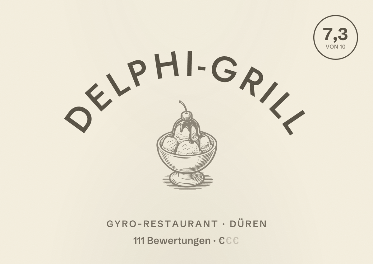 Illustriertes Poster von Delphi-Grill, Gyro-Restaurant in Düren: Bewertung 7,3 von 10 aus 111 Bewertungen, Preisniveau €