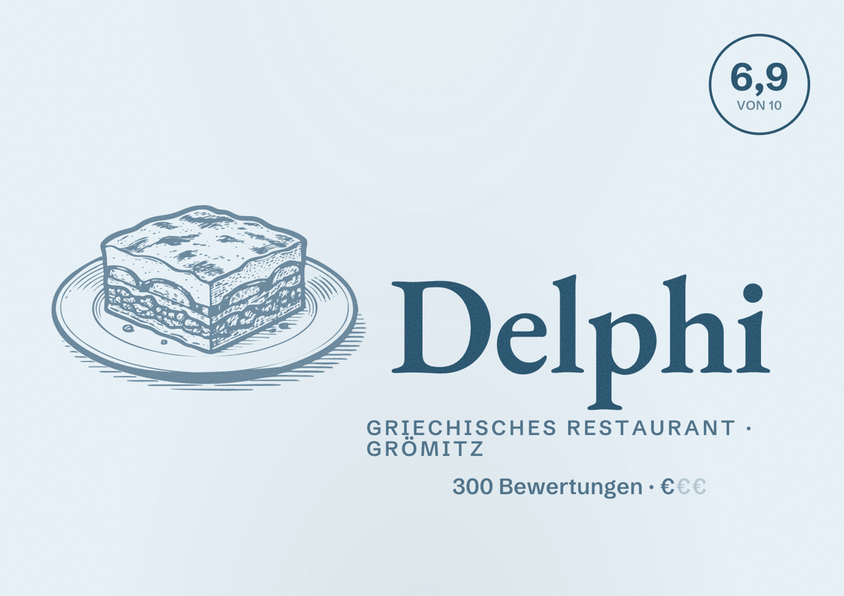 Illustriertes Poster von Delphi, Griechisches Restaurant in Grömitz: Bewertung 6,9 von 10 aus 300 Bewertungen, Preisniveau €