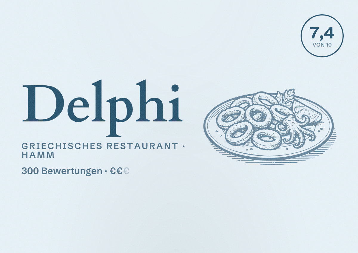 Illustriertes Poster von Delphi, Griechisches Restaurant in Hamm: Bewertung 7,4 von 10 aus 300 Bewertungen, Preisniveau €€