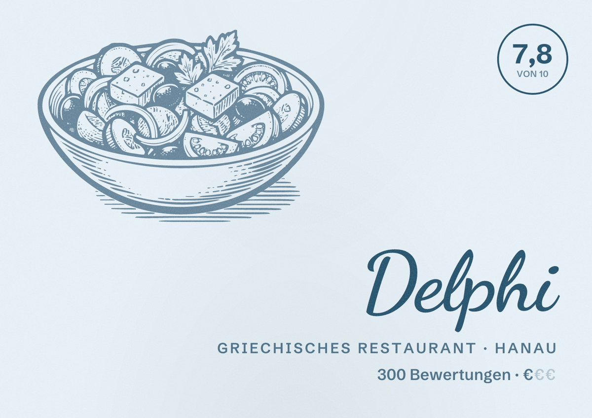 Illustriertes Poster von Delphi, Griechisches Restaurant in Hanau: Bewertung 7,8 von 10 aus 300 Bewertungen, Preisniveau €