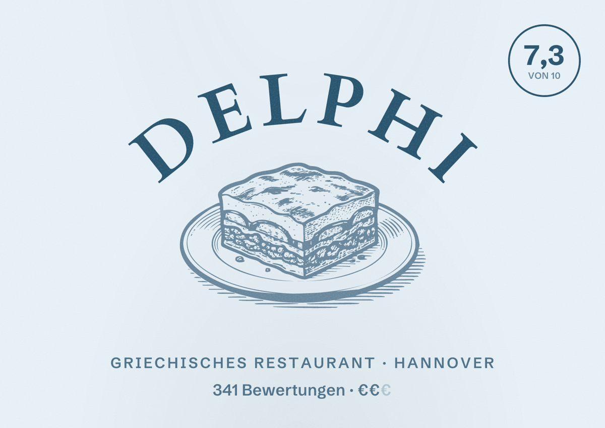 Illustriertes Poster von Delphi, Griechisches Restaurant in Hannover: Bewertung 7,3 von 10 aus 341 Bewertungen, Preisniveau €€