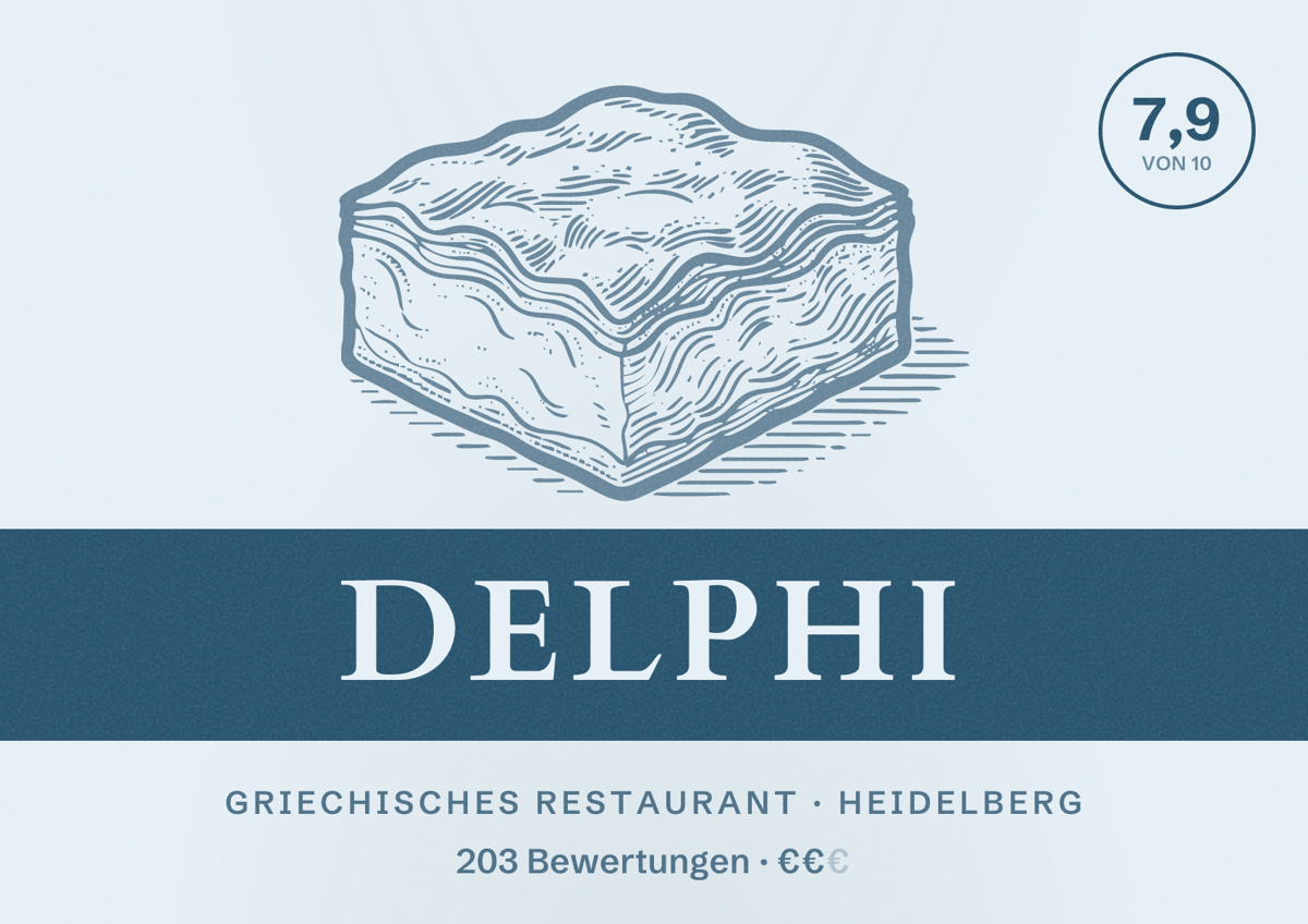 Illustriertes Poster von Delphi, Griechisches Restaurant in Heidelberg: Bewertung 7,9 von 10 aus 203 Bewertungen, Preisniveau €€