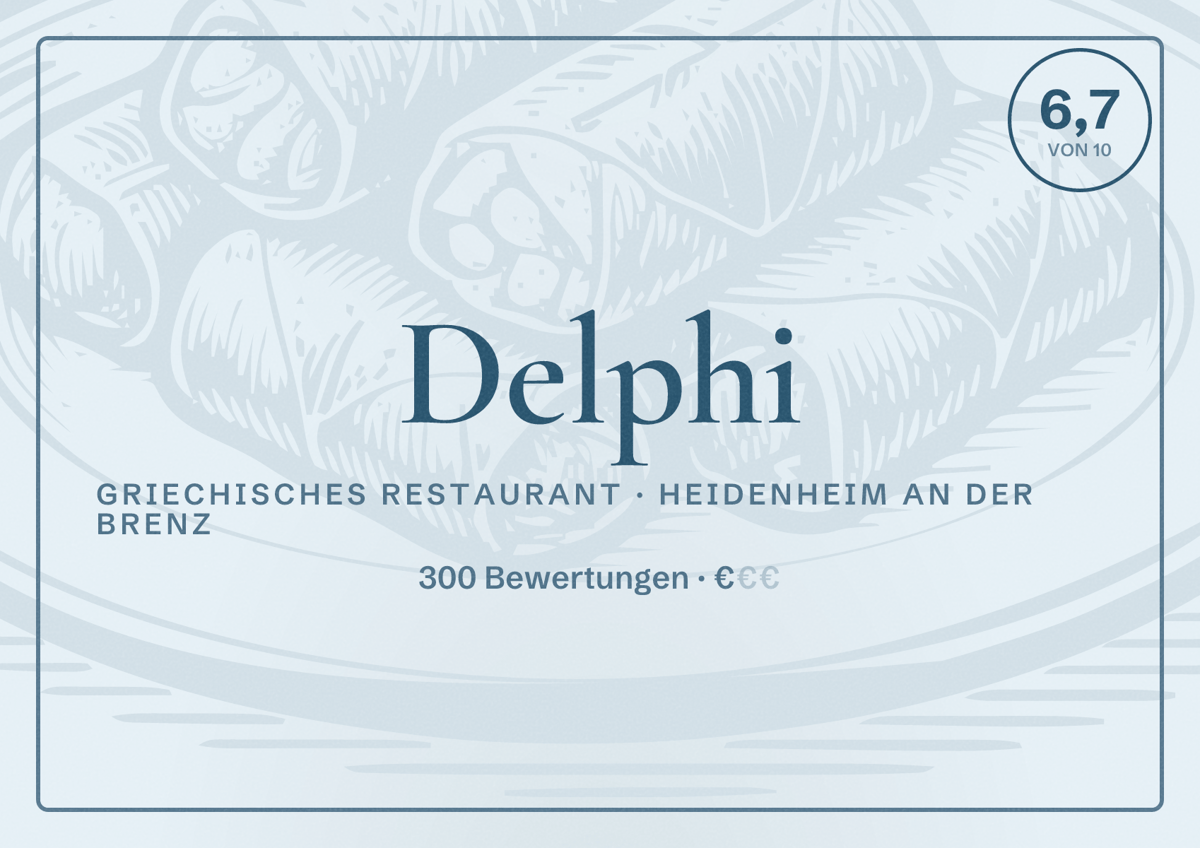 Illustriertes Poster von Delphi, Griechisches Restaurant in Heidenheim an der Brenz: Bewertung 6,7 von 10 aus 300 Bewertungen, Preisniveau €