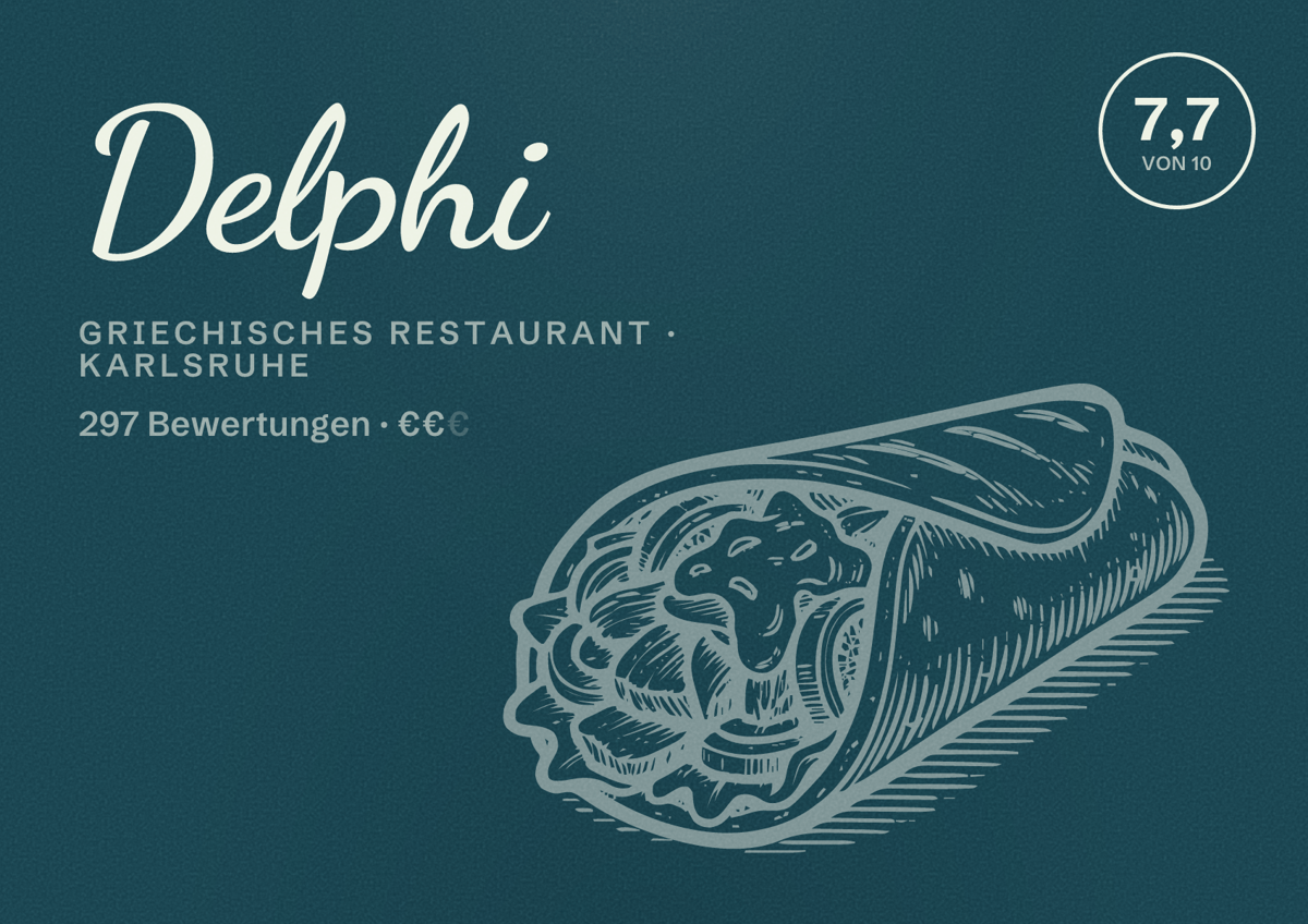 Illustriertes Poster von Delphi, Griechisches Restaurant in Karlsruhe: Bewertung 7,7 von 10 aus 297 Bewertungen, Preisniveau €€