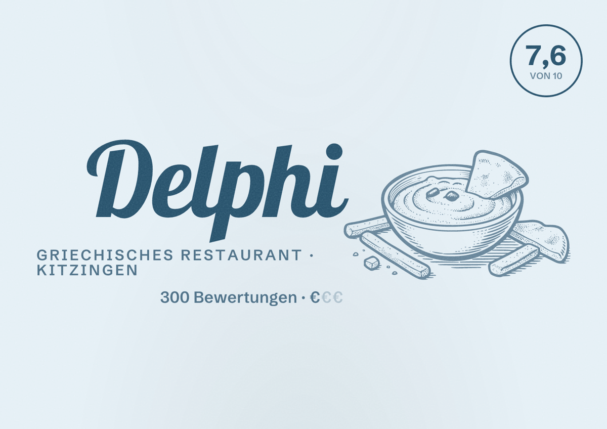 Illustriertes Poster von Delphi, Griechisches Restaurant in Kitzingen: Bewertung 7,6 von 10 aus 300 Bewertungen, Preisniveau €