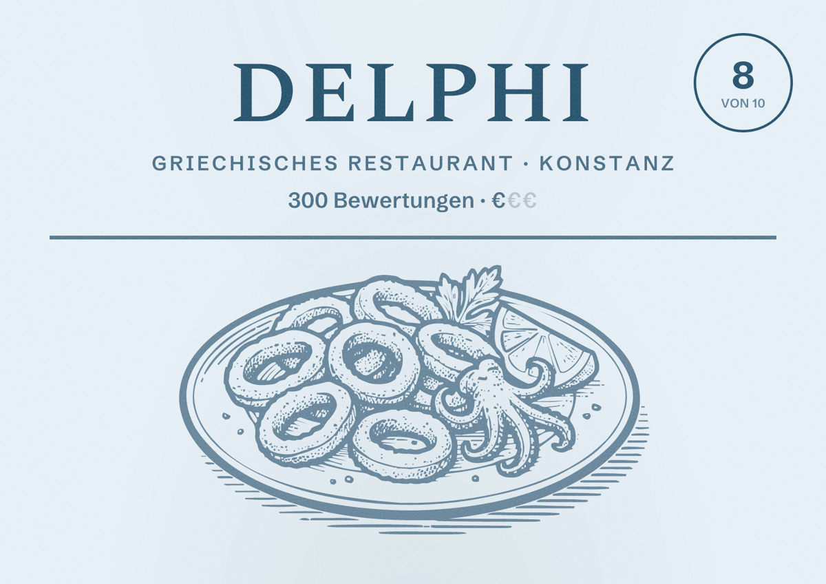 Illustriertes Poster von Delphi, Griechisches Restaurant in Konstanz: Bewertung 8 von 10 aus 300 Bewertungen, Preisniveau €