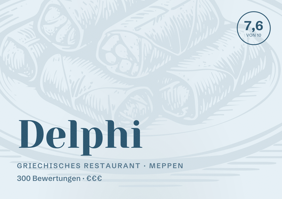 Illustriertes Poster von Delphi, Griechisches Restaurant in Meppen: Bewertung 7,6 von 10 aus 300 Bewertungen, Preisniveau €€€