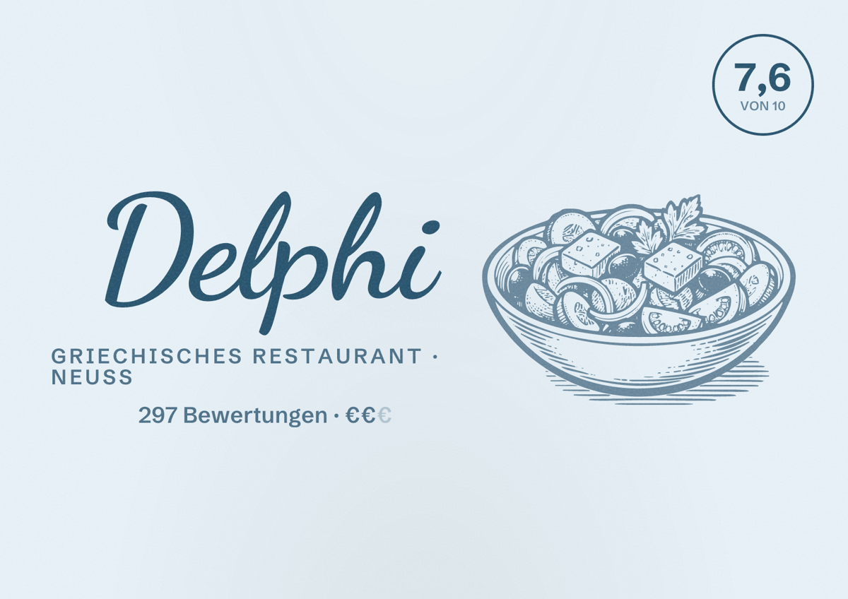 Illustriertes Poster von Delphi, Griechisches Restaurant in Neuss: Bewertung 7,6 von 10 aus 297 Bewertungen, Preisniveau €€
