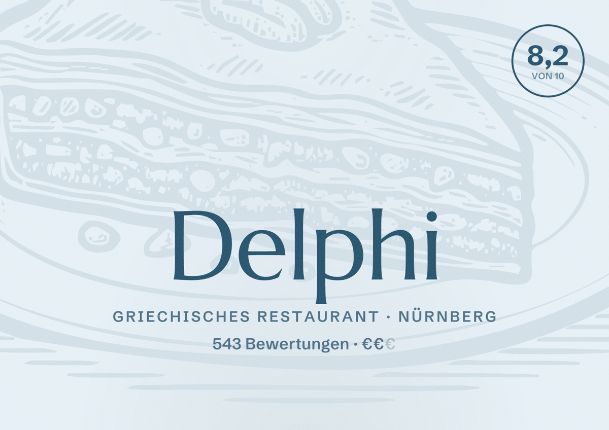 Illustriertes Poster von Delphi, Griechisches Restaurant in Nürnberg: Bewertung 8,2 von 10 aus 543 Bewertungen, Preisniveau €€