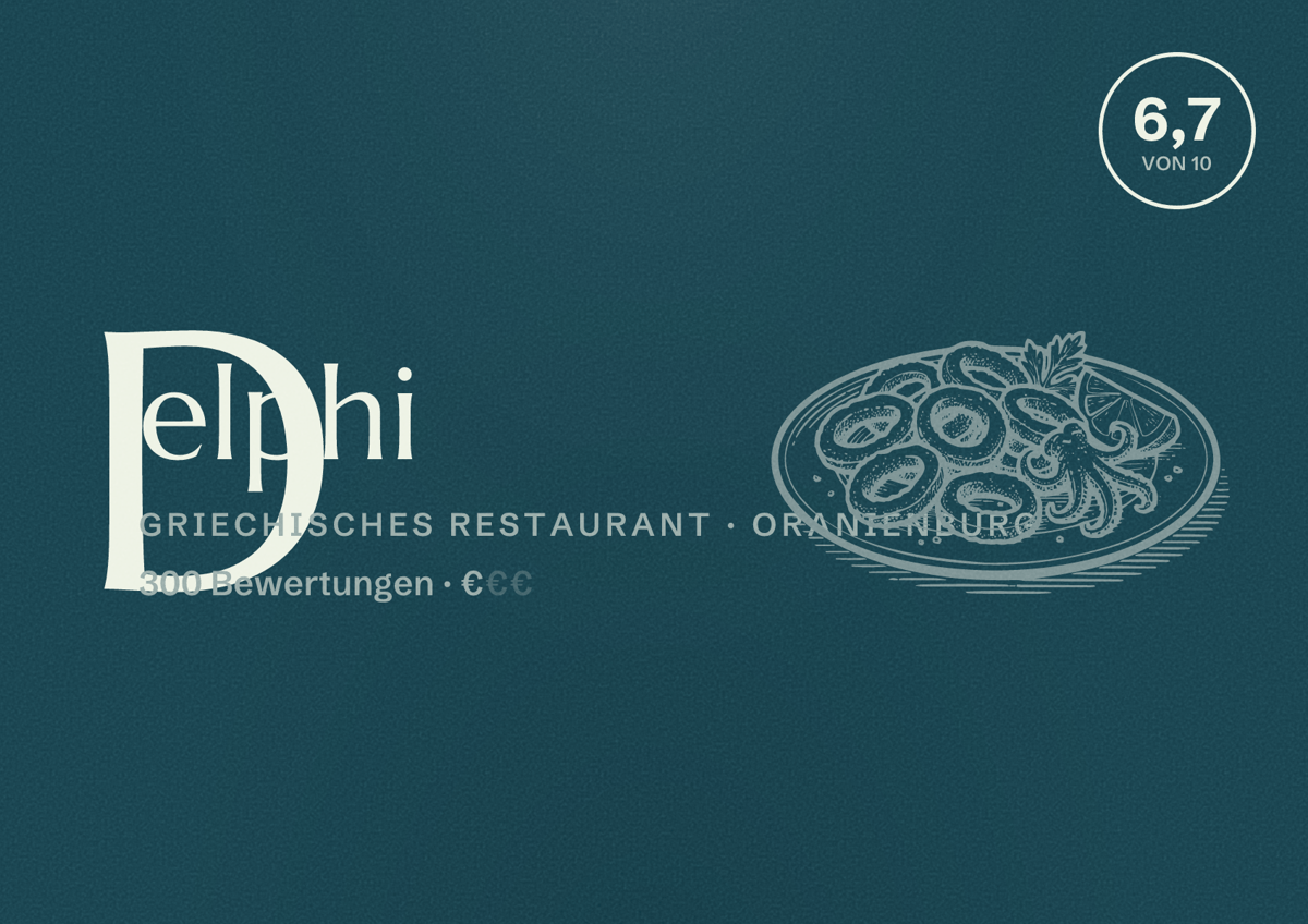Illustriertes Poster von Delphi, Griechisches Restaurant in Oranienburg: Bewertung 6,7 von 10 aus 300 Bewertungen, Preisniveau €