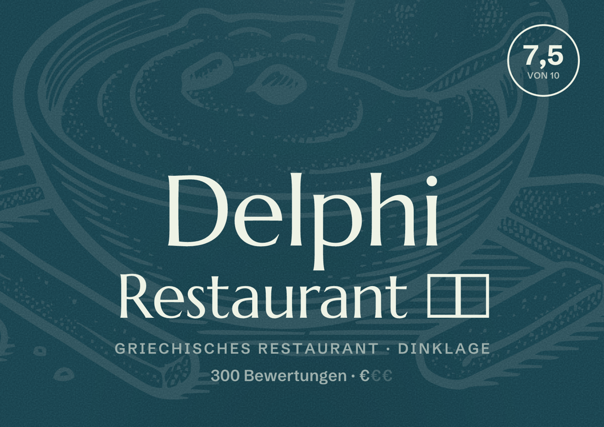 Illustriertes Poster von Delphi Restaurant 🇬🇷, Griechisches Restaurant in Dinklage: Bewertung 7,5 von 10 aus 300 Bewertungen, Preisniveau €