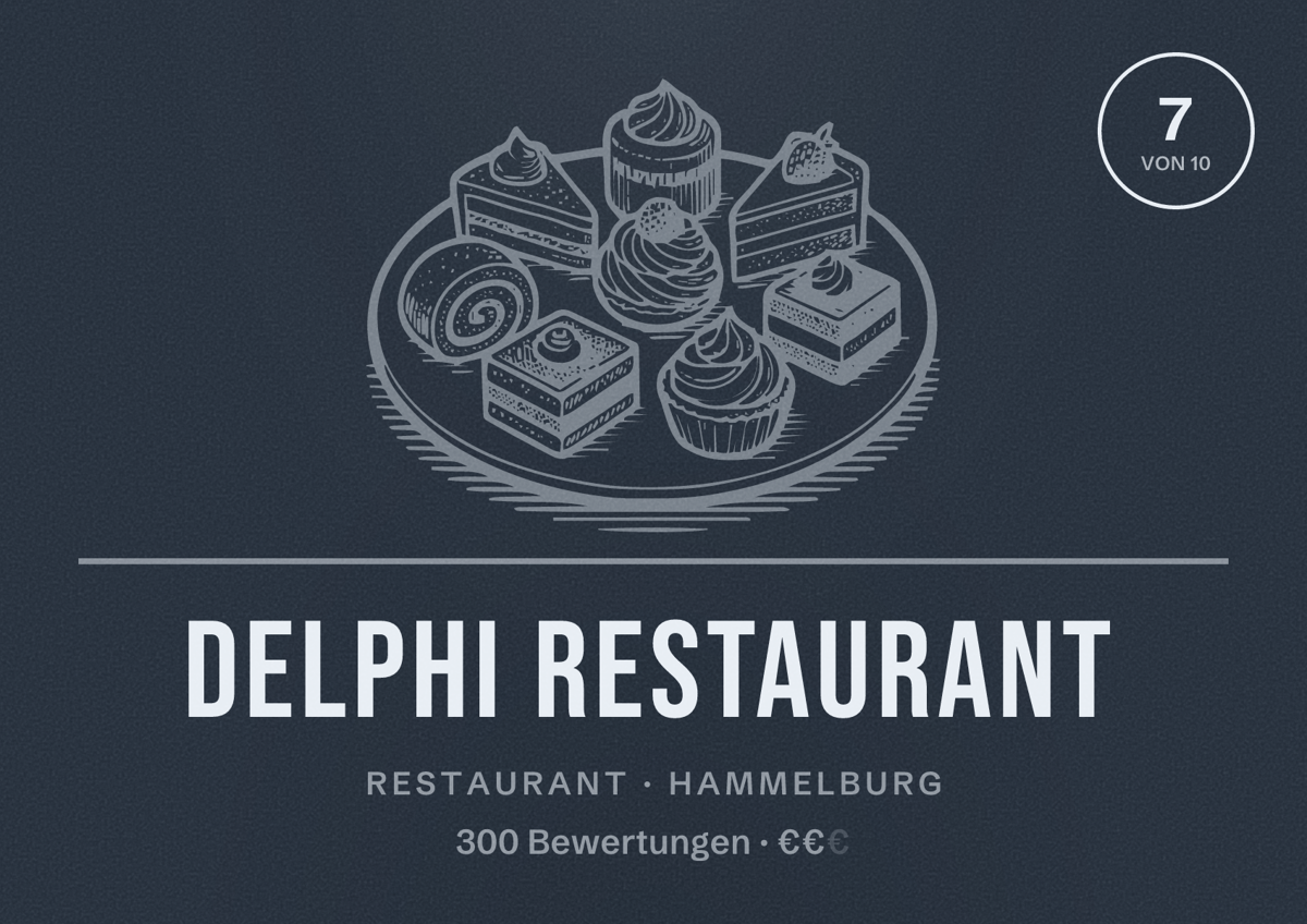 Illustriertes Poster von Delphi Restaurant, Restaurant in Hammelburg: Bewertung 7 von 10 aus 300 Bewertungen, Preisniveau €€