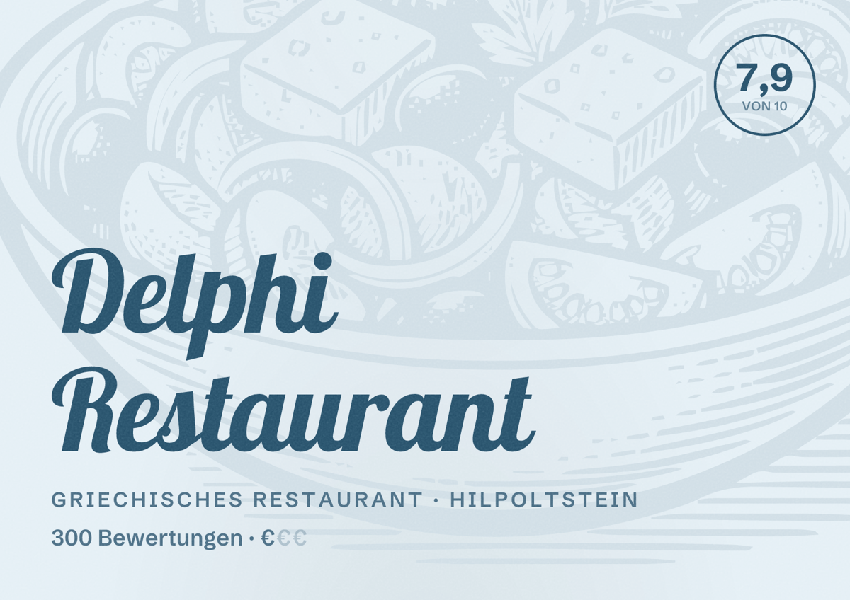 Illustriertes Poster von Delphi Restaurant, Griechisches Restaurant in Hilpoltstein: Bewertung 7,9 von 10 aus 300 Bewertungen, Preisniveau €