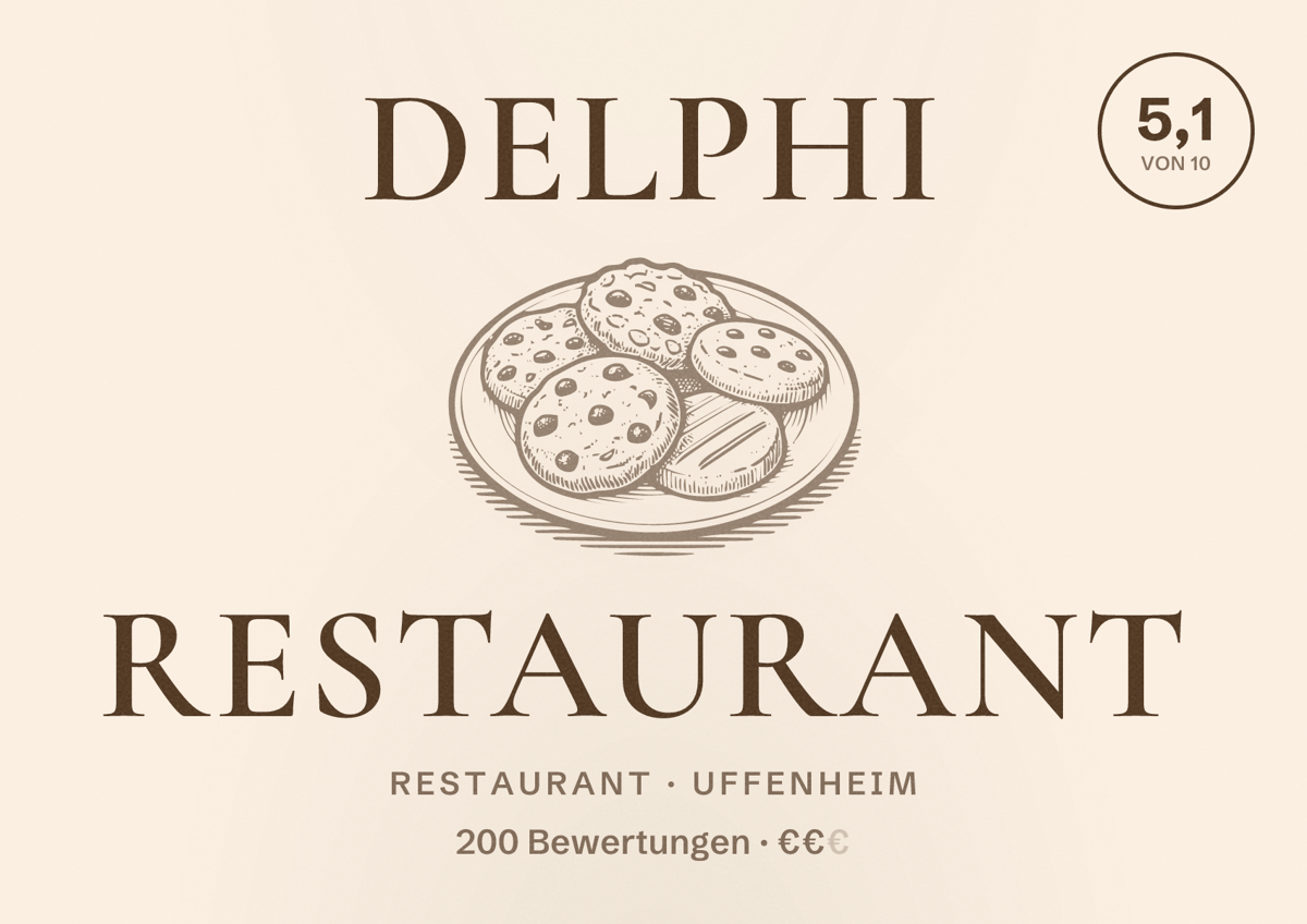 Illustriertes Poster von Delphi Restaurant, Restaurant in Uffenheim: Bewertung 5,1 von 10 aus 200 Bewertungen, Preisniveau €€