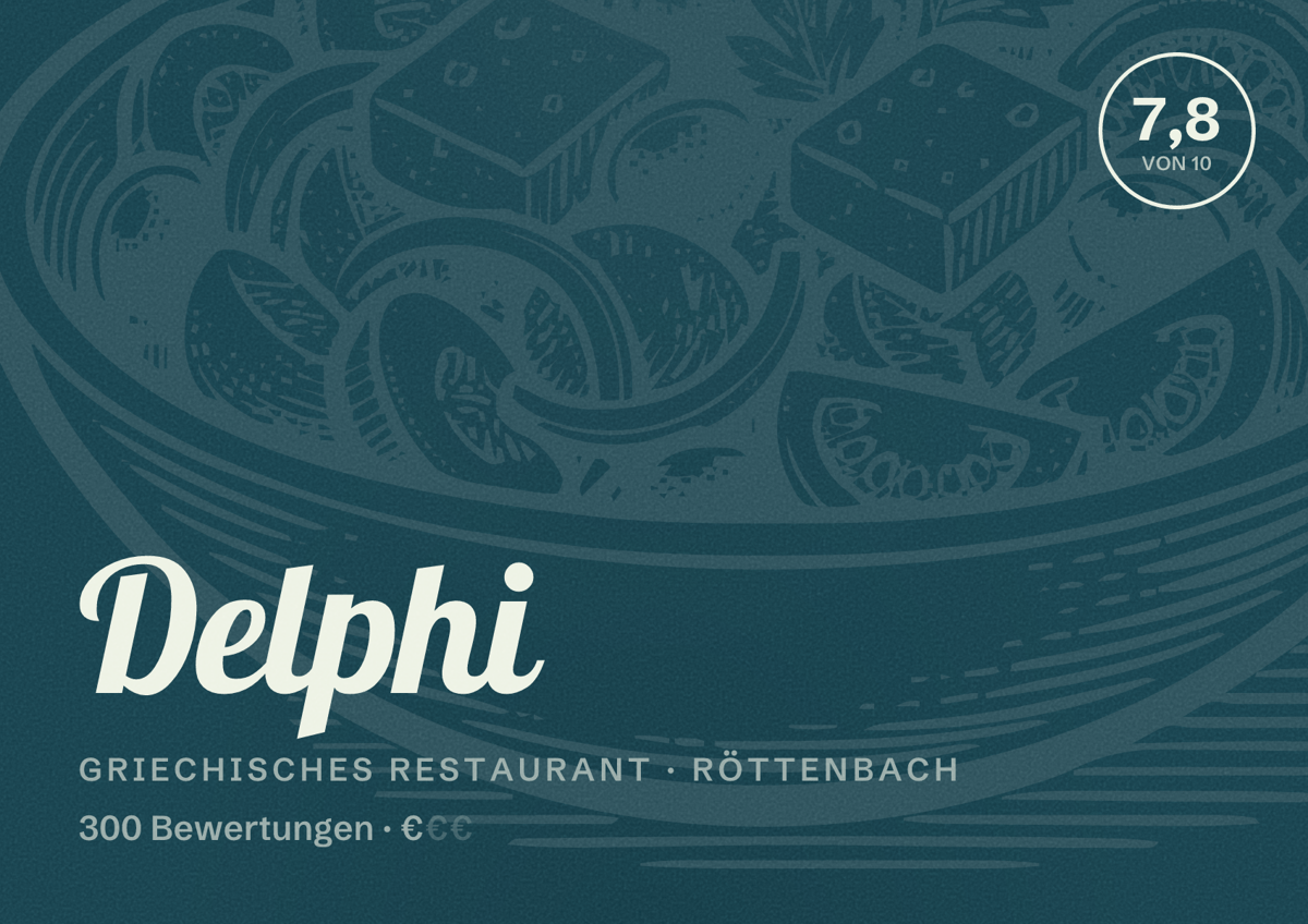 Illustriertes Poster von Delphi, Griechisches Restaurant in Röttenbach: Bewertung 7,8 von 10 aus 300 Bewertungen, Preisniveau €