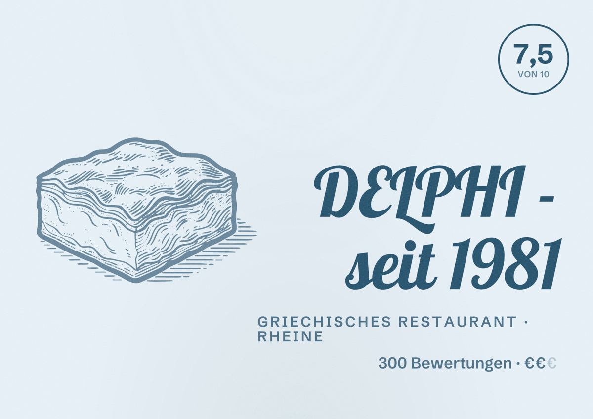 Illustriertes Poster von DELPHI - seit 1981, Griechisches Restaurant in Rheine: Bewertung 7,5 von 10 aus 300 Bewertungen, Preisniveau €€